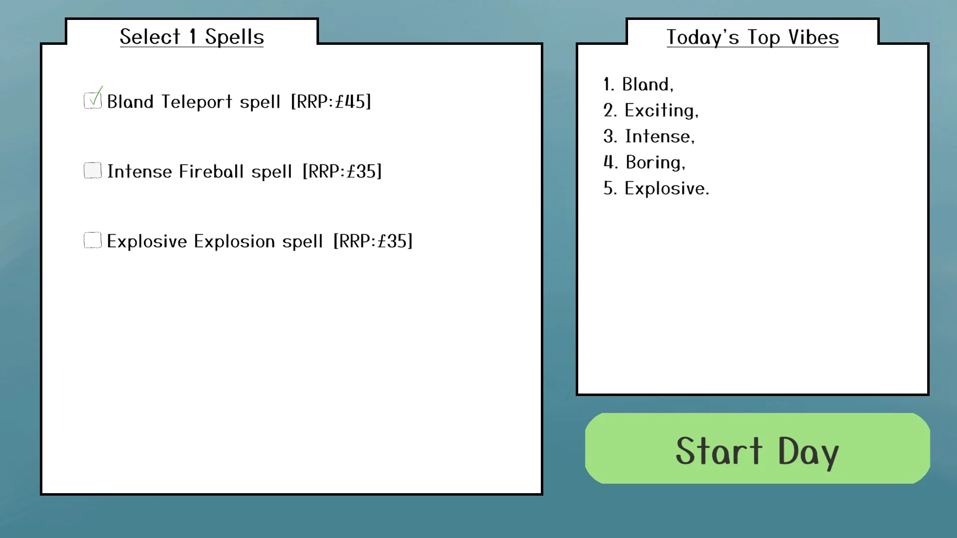 An image of the player picking the spells for the day.