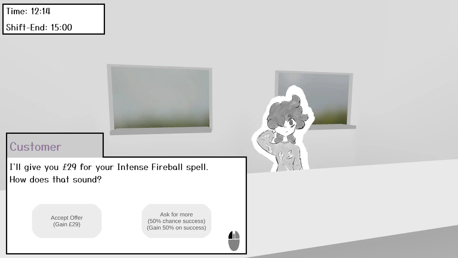 An image of a customer asking the player for a spell.