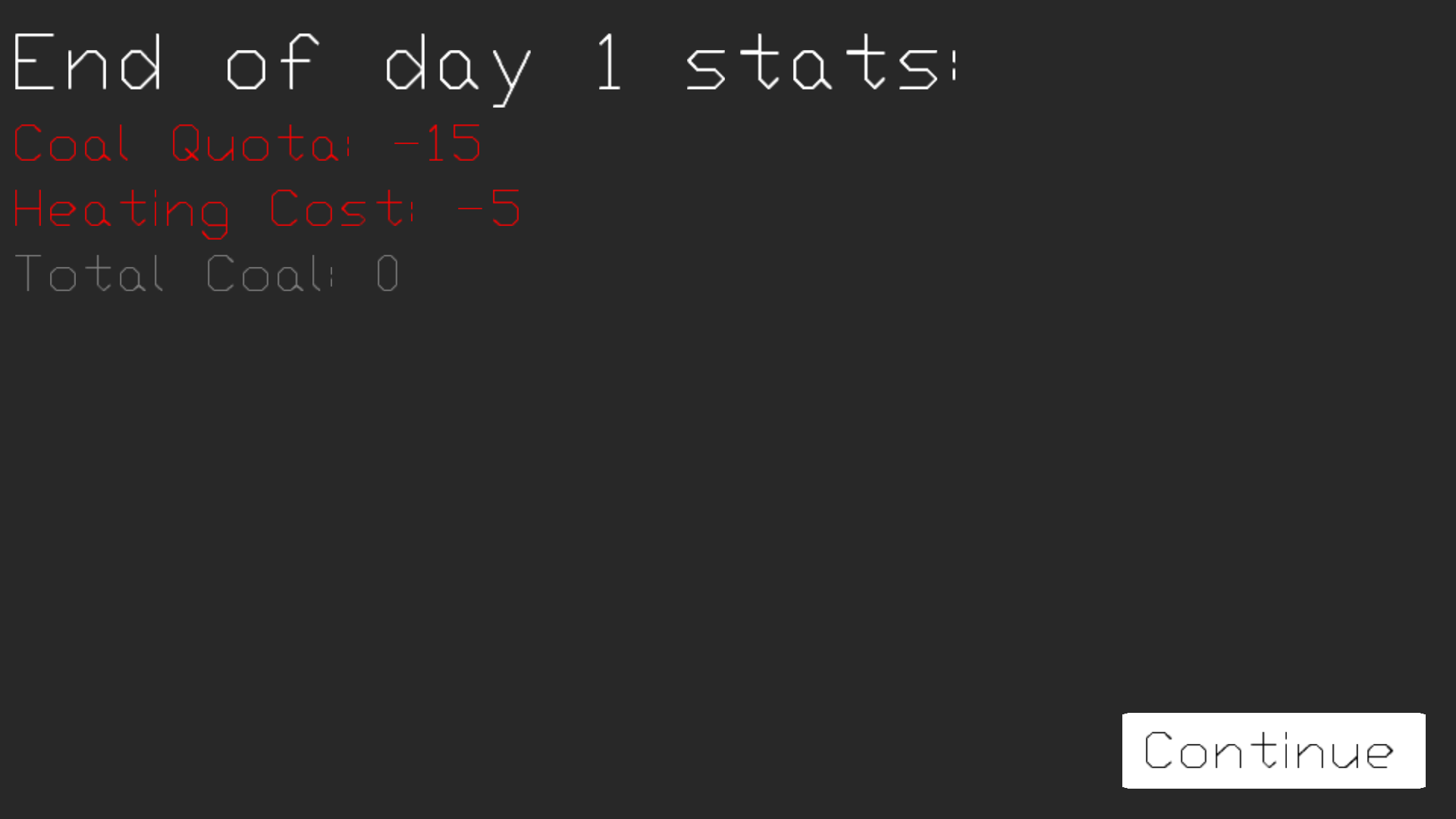 An image of the end of day stats screen.